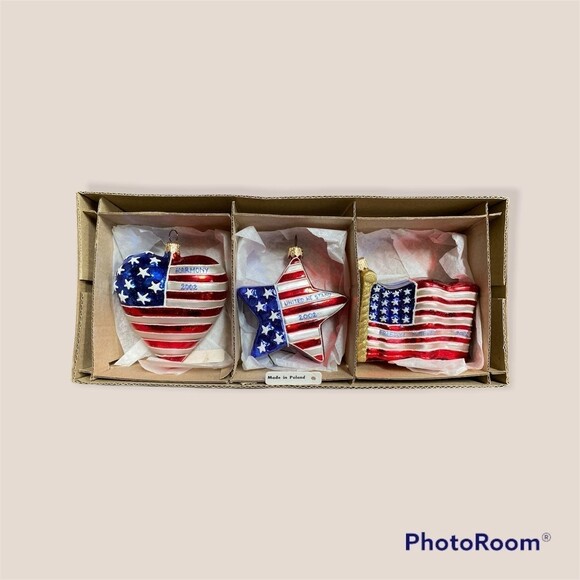 3pc Patriotic Ornaments Poland 2002 Winterthur Museum Flag Star Heart w/ Box - Picture 8 of 8